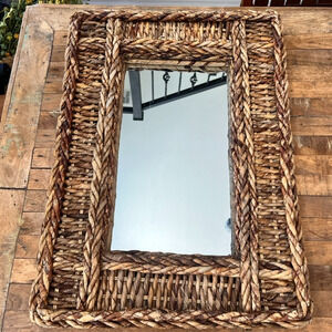 Rectangular Woven Rope Wall Mirror 27.5" x 19.5" Brown Tones Bohemian Distressed